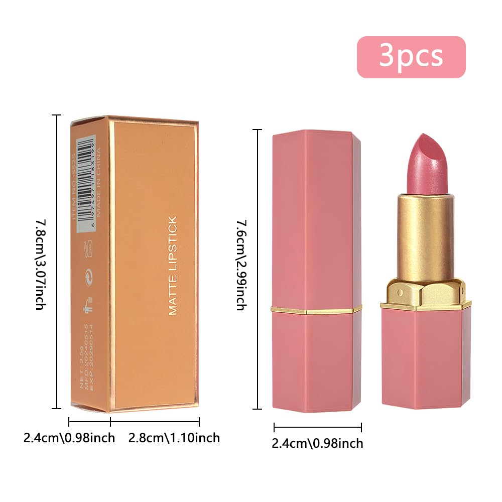 3Pcs Nude Pink Metallic Lipstick Lip Gloss for Women Set,Lightweight Shimmer Frosted Long Lasting Lipstick,Glitter Lip Stain Waterproof Smudge Proof 24 Hour Full Coverage Lip Makeup,Vegan(07,08,09)
