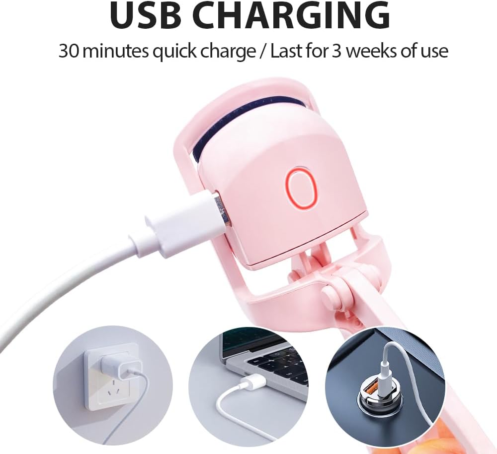 Heated Eyelash Curler with USB,Fast Heat up & 24H Long-Lasting,Rechargeable Electric Lash Curlers,Temperature Control,Safe Anti-Burn Quick Natural Curling Eye Lashes,Pink