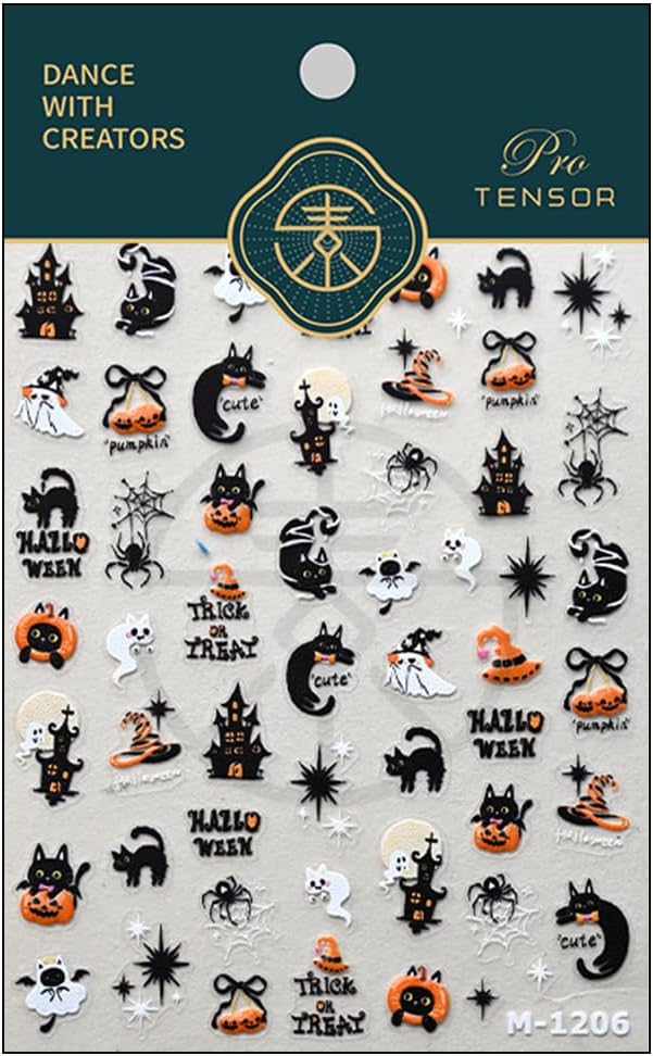 Halloween Nail Stickers for Nail Art Black Cat Pumpkin Ghost Nail Art Stickers 5D Embossed Nail Decals 3D Self-Adhesive Nails Supply Manicure Sliders for Nails Decoration