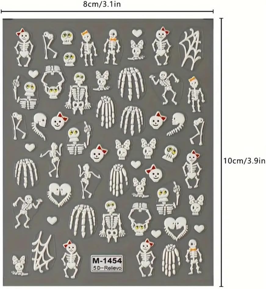 2 Sheets Halloween 5D Embossed Nail Art Stickers - Skeleton, White Skull Nail Stickers with Spider Web Heart Design - Self-Adhesive Horror Decals for Women - Art Supplies and Decorations