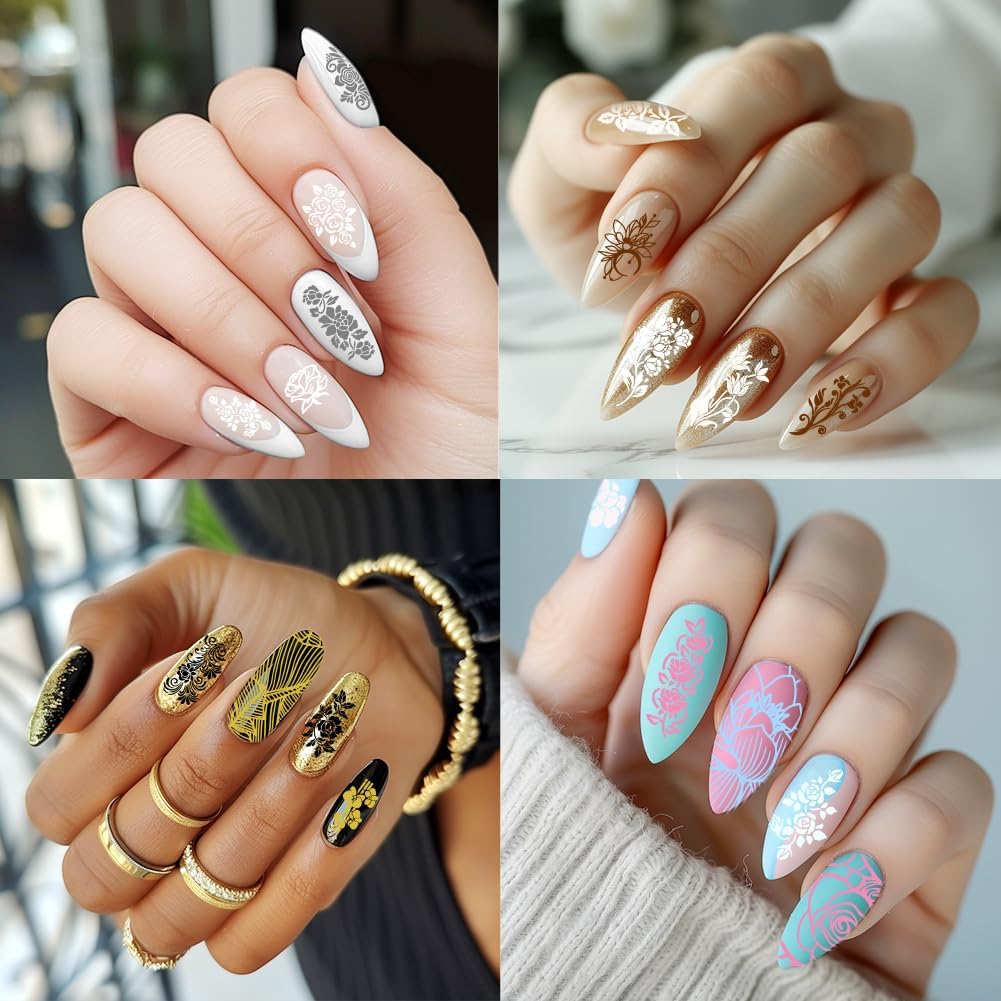 3Pcs Vintage Floral Nail Stamping Plate Set Flower Leaves Bamboo Nail Stamp Templates French Line Tip Nail Stamp Plates Rose Metal Reusable Tools with Stamper Scraper for Manicure Printing