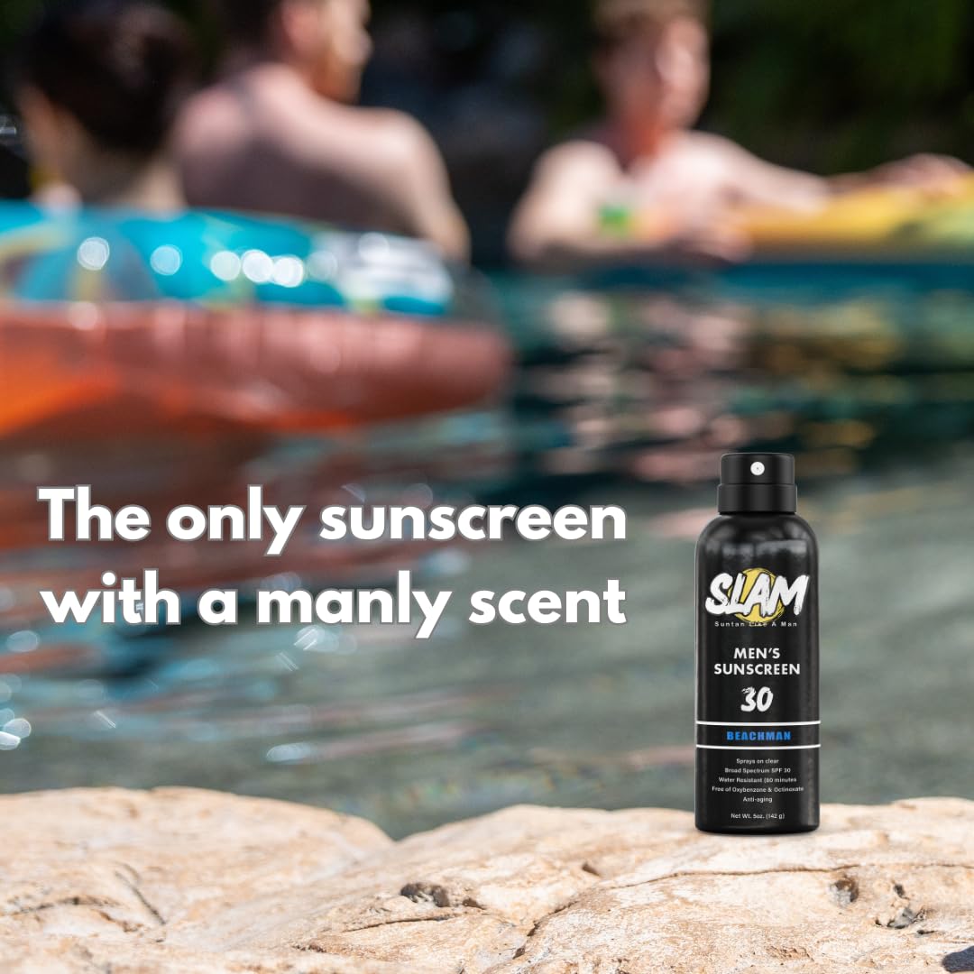 SLAM BeachMan Men's Scented Sunscreen Spray SPF 30 – Broad Spectrum Sun Screen for Face & Body, Water & Sweat Resistant Spray Sunscreen SPF 30, UVA/UVB Protection, Mens Sunblock