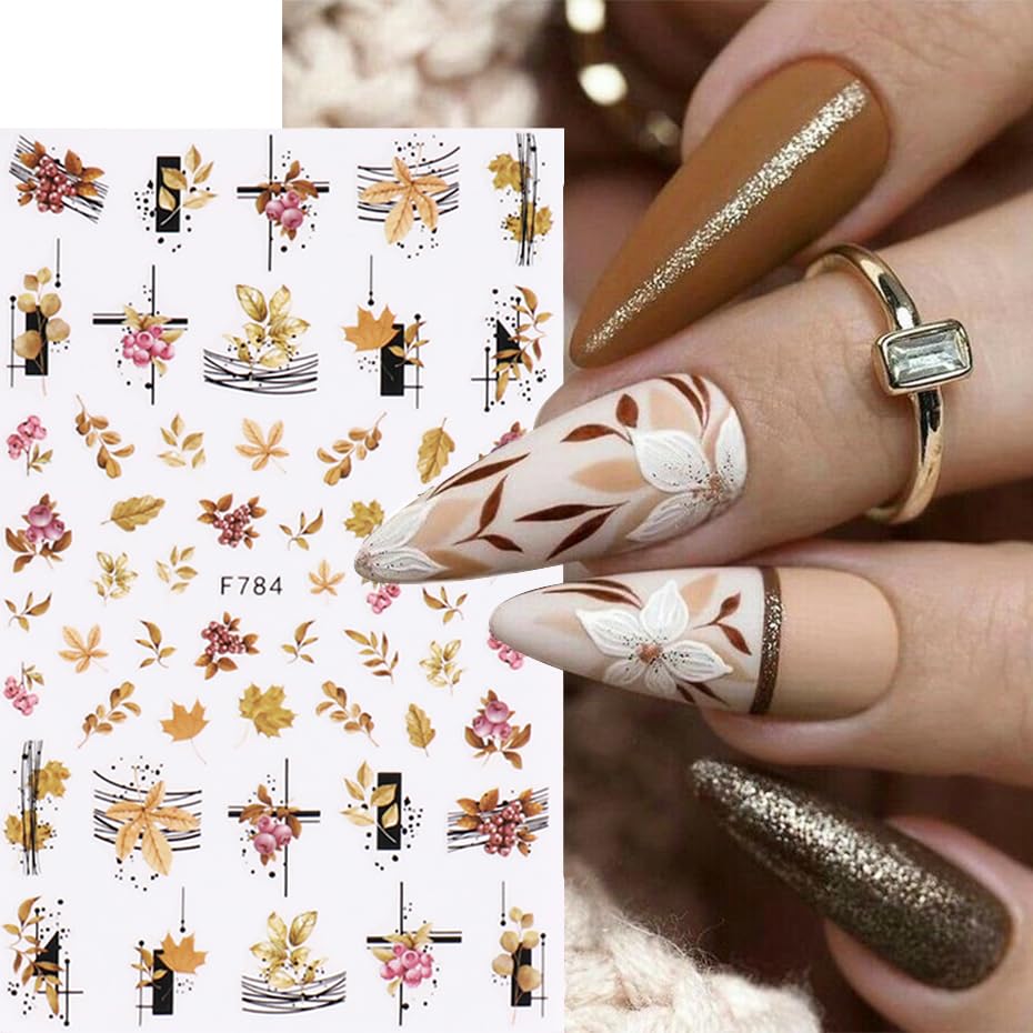 6Sheets Fall Nail Art Stickers Gold Yellow Maple Leaf 3D Self-Adhesive Nail Decals Cute Squirrel Elk Designs Autumn Nail Decorations Thanksgiving Nail Supplies for Women Girls DIY Nail Accessories