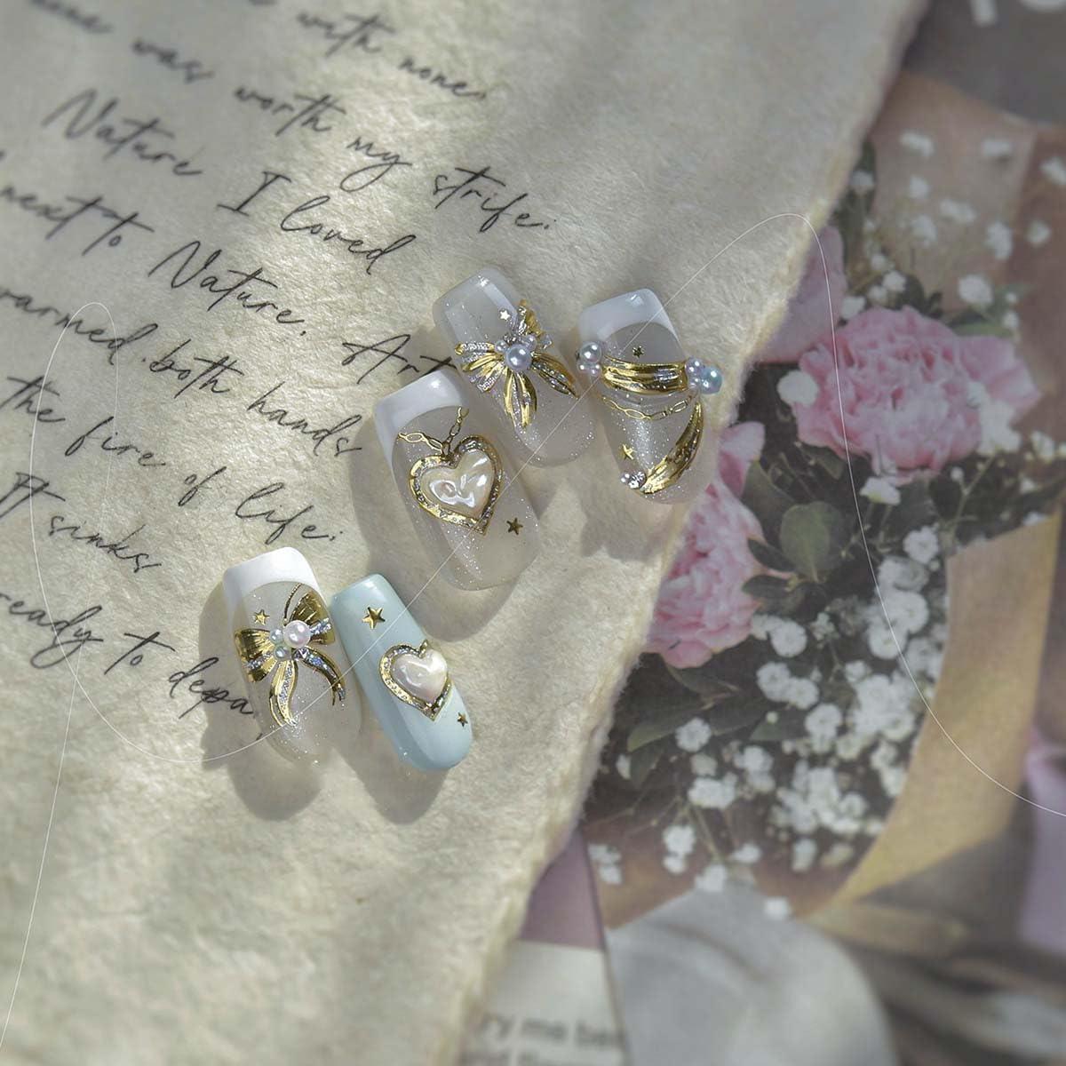 Gold Bow Nail Stickers for Nail Art Heart Bow Nail Decals Coquette Stickers for Nails 3D Self Adhesive Nail Art Supplies & Decorations for Women Girls,1 Sheet DIY Manicure Decor