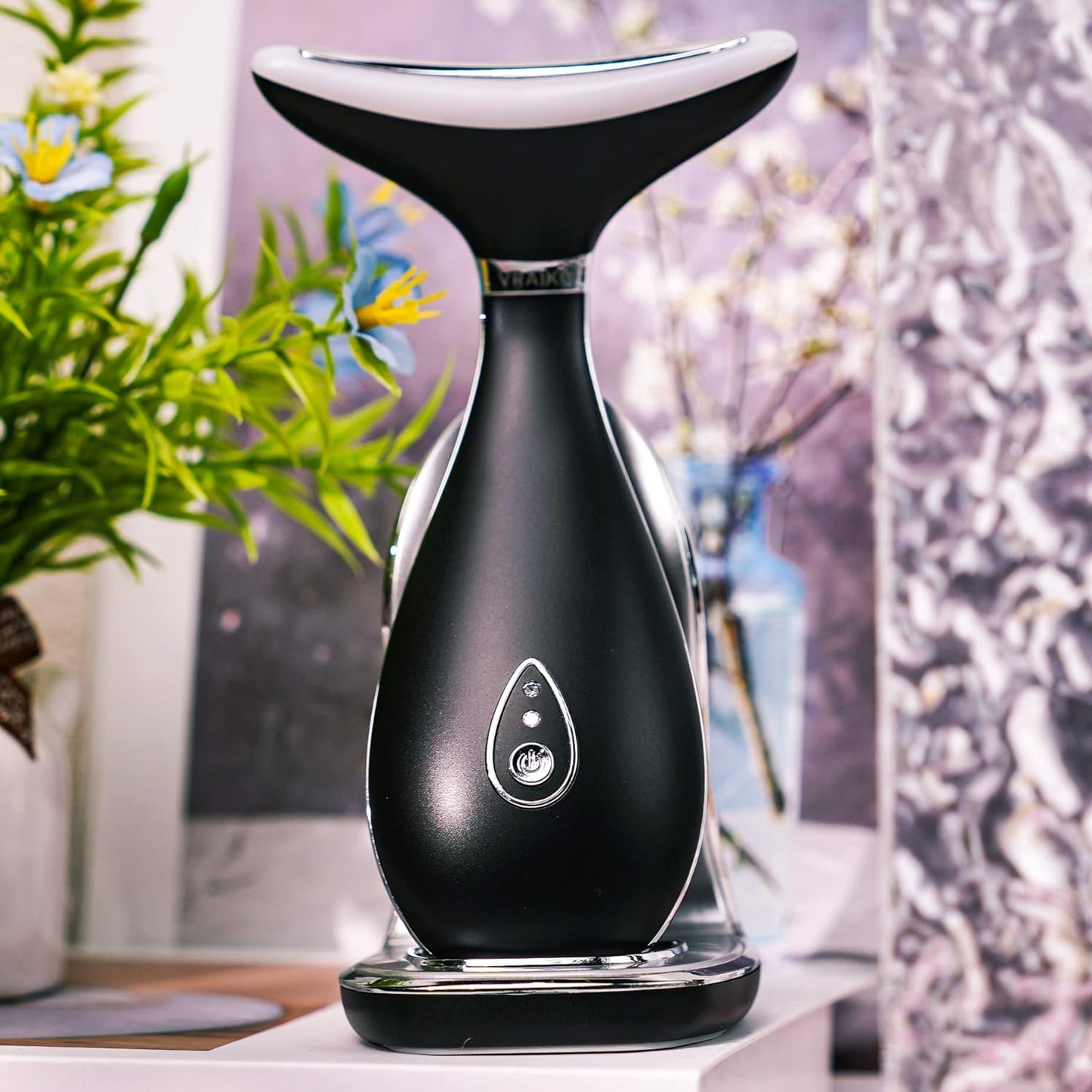 Lily Neck Face Massager, Face Sculpting Tool, Skin Rejuvenation Device with Thermal, Triple Action LED and Vibration, for Anti-Aging, Lifting and Tightening Sagging Skin (Frosted Black)