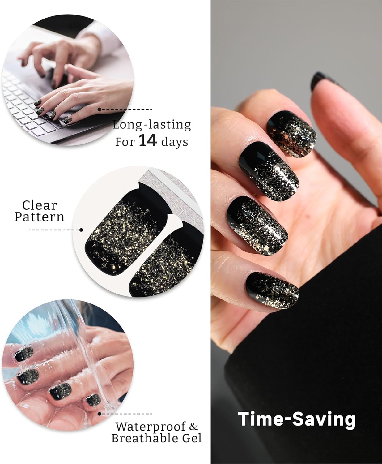 Glitter Nail Polish Strips, 32 Pcs Salon Quality Gel Nail Stickers, Long Lasting Wraps Easy to Use & Remove (Golden Glitter Red)