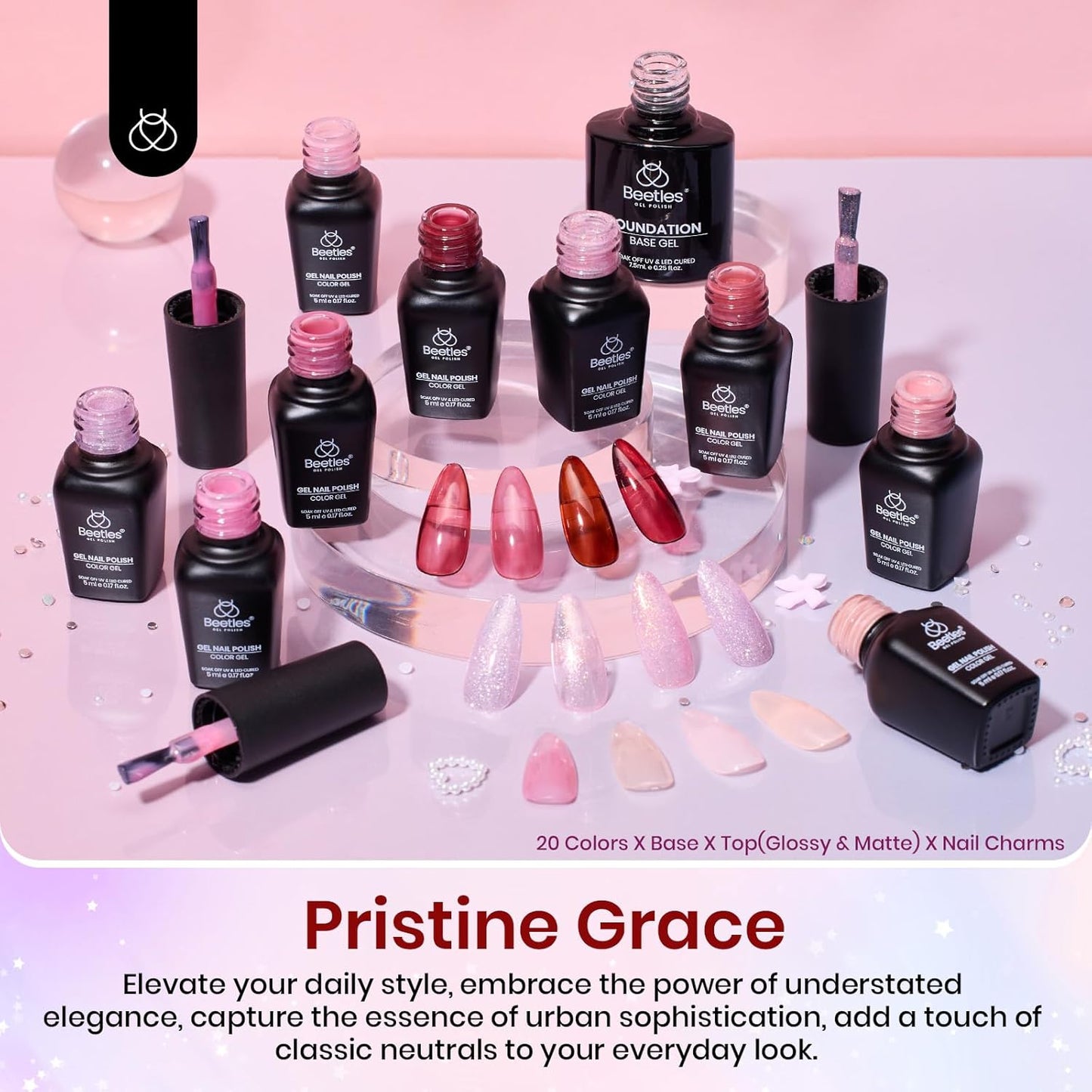 Beetles Jelly Gel Nail Polish Set, 25PCS 20 Colors Sheer Neutral Nude Pink Glitter Milky White Gel Nail Kit Soak Off UV with Base Glossy Matte Top Coat Pearls Rhinestones Nail Charms Gift for Women