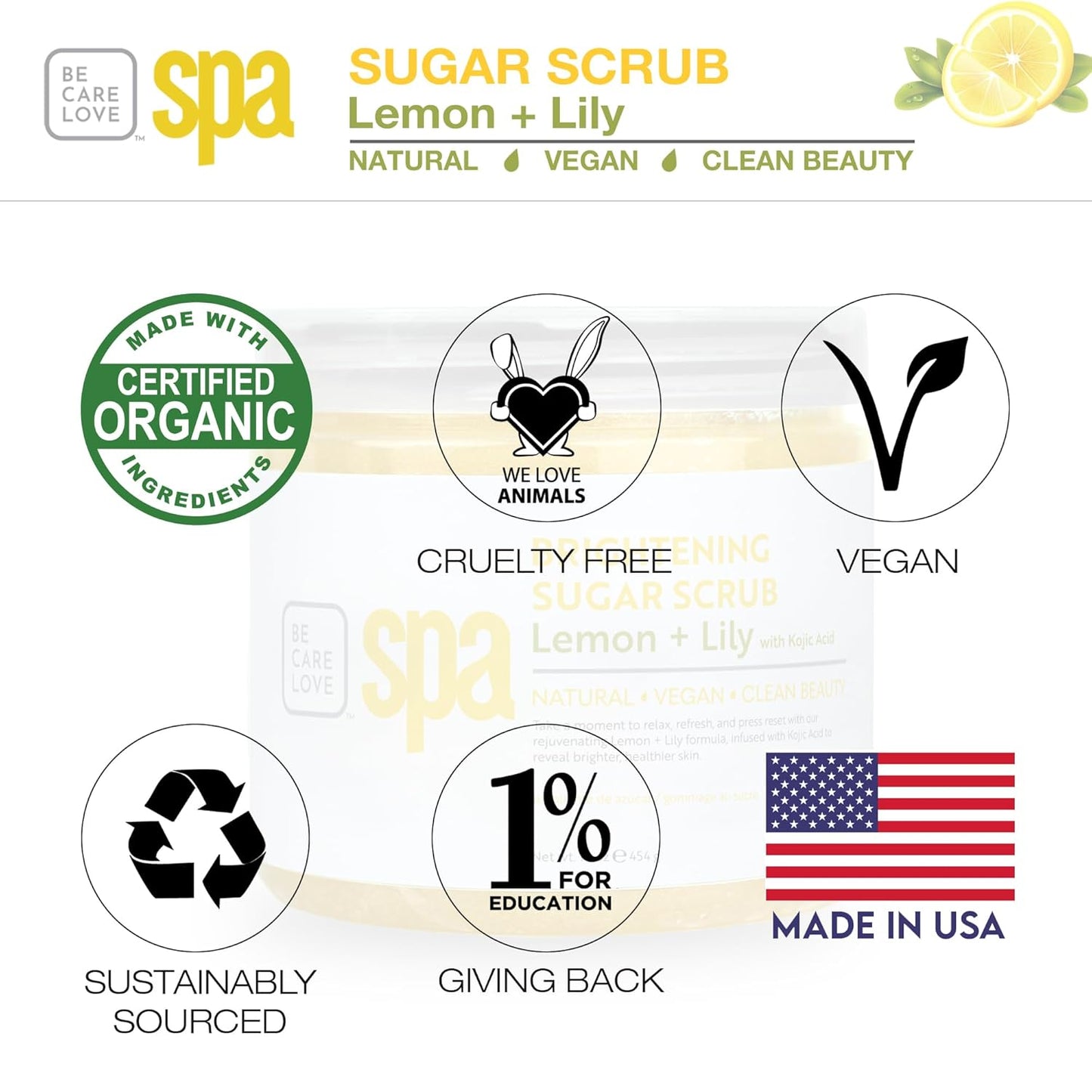 BCL SPA Sugar Scrub for Deep Hydration & Exfoliation with Certified Organic Ingredients for Professional and Home Use (16 oz, Lemon and Lily)