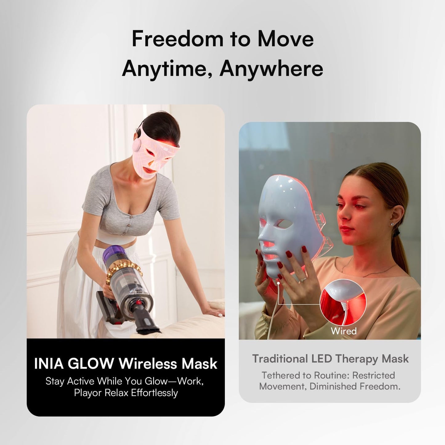 INIA Red Light Therapy Mask for Face, Glow Wireless LED Face Mask Light Therapy with Near-Infrared Red Light (NIR), Rechargeable and Ergonomic Design for Home & Travel