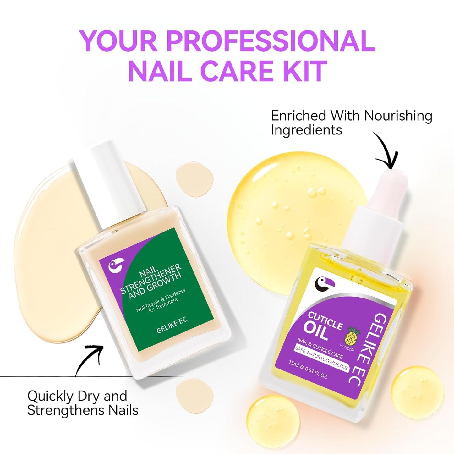 Gelike EC 2-in-1 Nail Rescue Kit: Apricot Nail Ridge Filler & Pineapple Cuticle Oil (15ml) - Tropical Scented Nail Care - Strengthens & Brightens - Travel-Friendly Mini Size