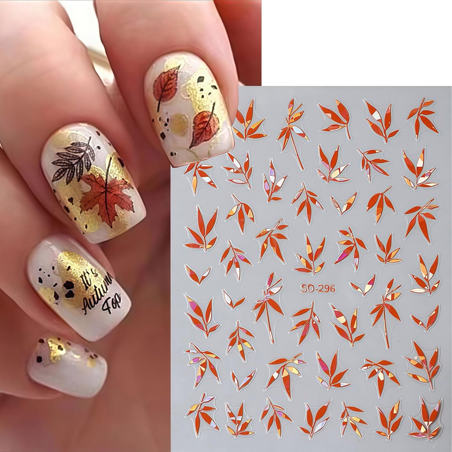 5 Sheets Fall Nail Art Stickers Autumn Maple Leaf Nail Decals 3D Self-Adhesive Thanksgiving Day Maple Leaf Nails Decals with Gold White Orange Green Leaves Nail Stickers for Women Manicure Decoration