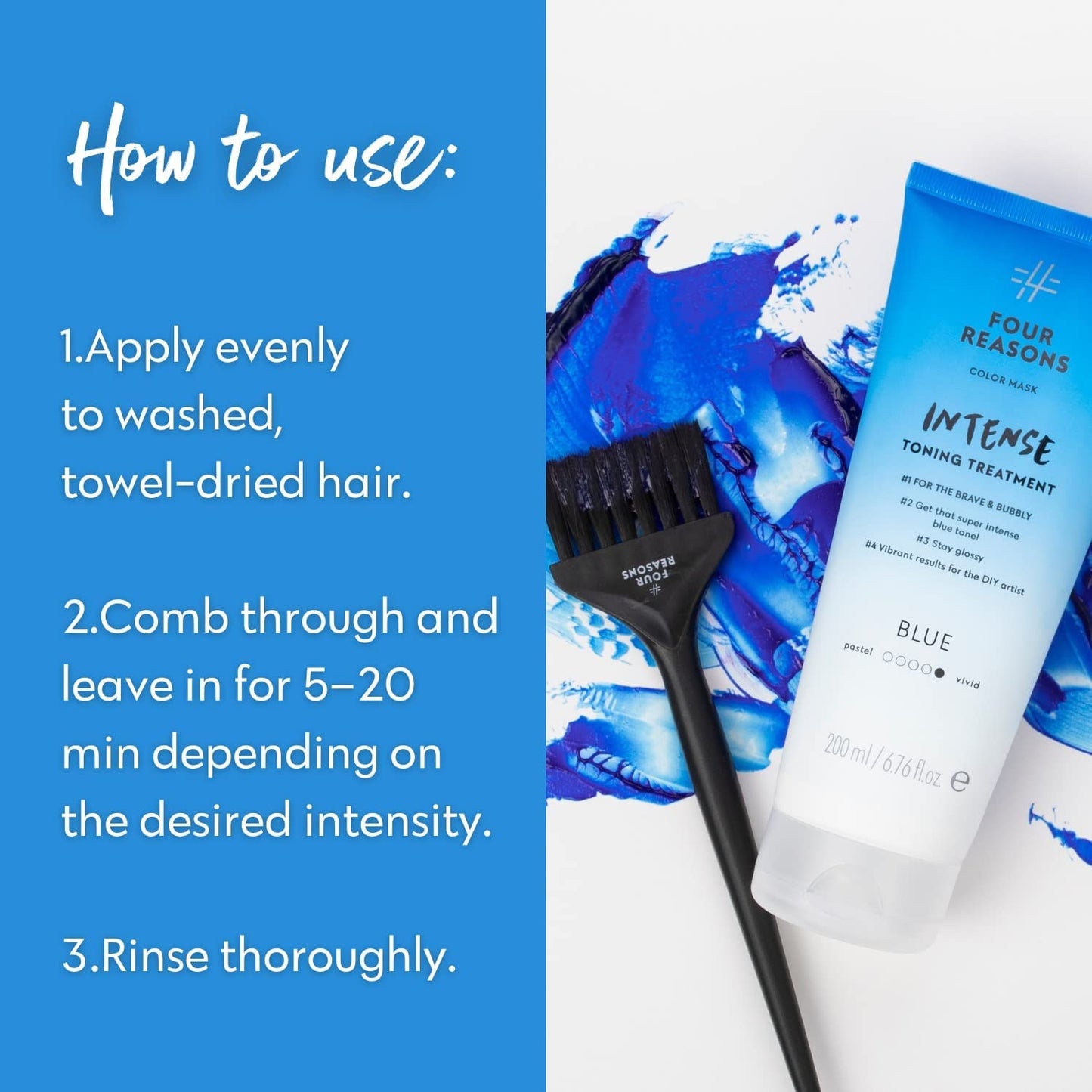 Four Reasons Color Mask INTENSE- Blue – (27 Colors) Intensive Toning Treatment - Color DepositingConditioner – Semi Permanent Hair Dye for Lightened and Colored Hair– 100% Vegan, 6.76 fl oz