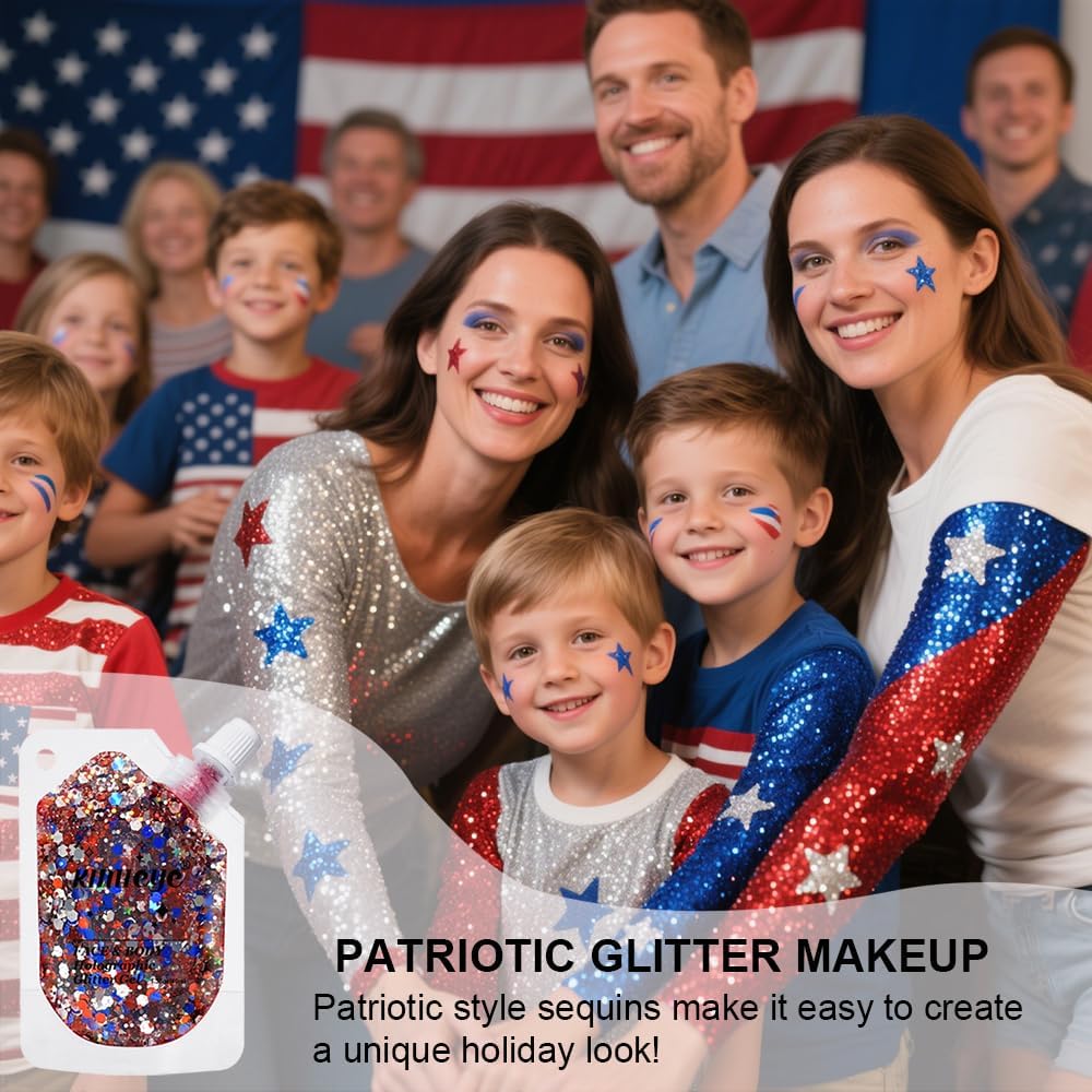 Holographic Face Glitter Gel Body Shimmer Makeup for for Hair, Face, Clavicle, Arm, Nail, Eyeshadow, Long Lasting Waterproof Mermaid Sequins Party Glitter for Rave Festival (USA Pride Body Glitter)