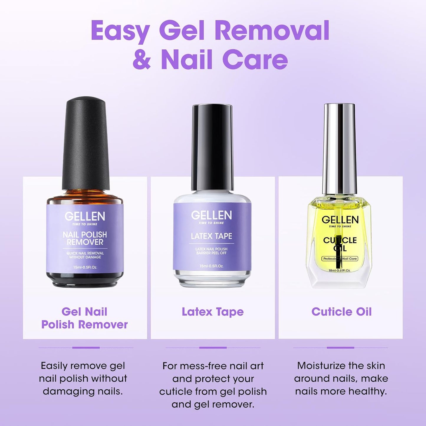 Gellen Gel Nail Polish Remover Kit, Gel Polish Remover for Nails with Liquid Latex Tape Cuticle Oil and Manicure Tools, Quick & Easy Gel Remover in 3-5 Minutes, No Soaking Or Wrapping