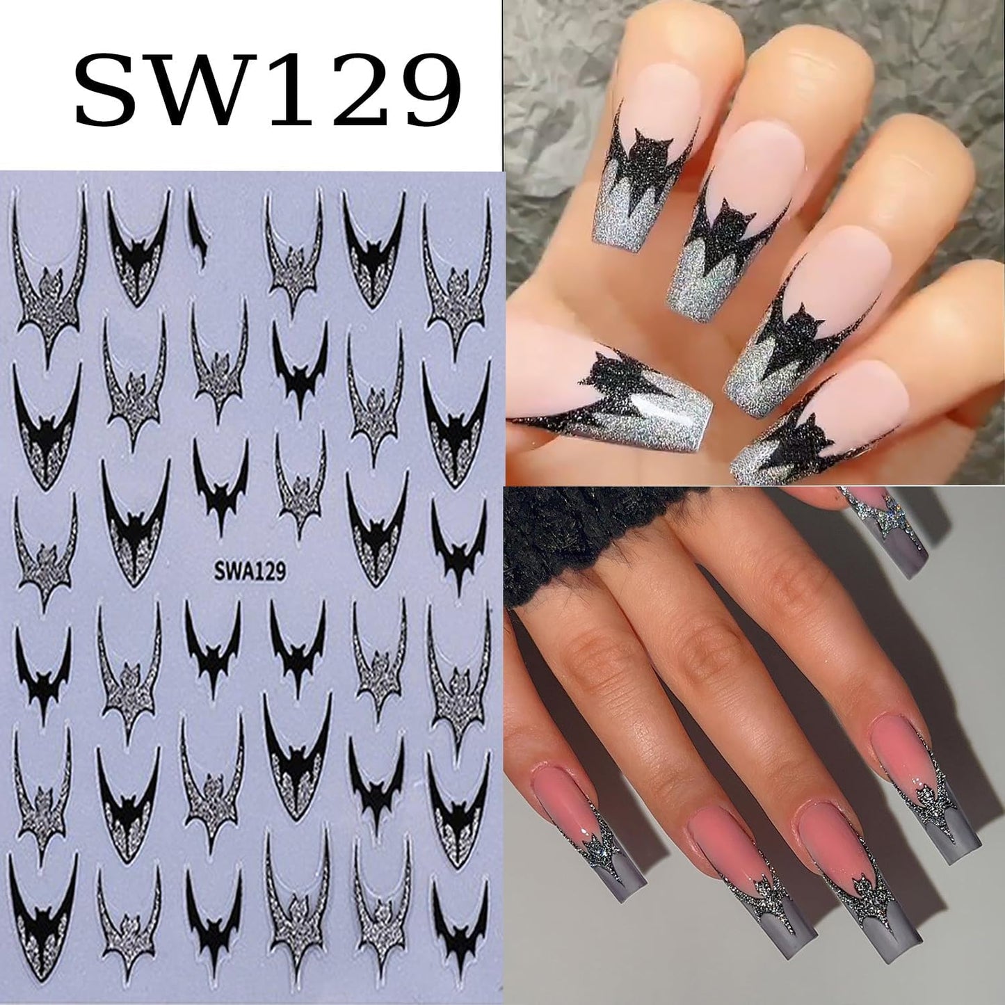 6 Sheets Halloween Nail Art Stickers 3D Self -Adhesive Bat Nail Decals Holographic Hot Stamping Gold Silver Bat Nail Stickers Halloween French Nail Decoration for Women Manicure Supplies