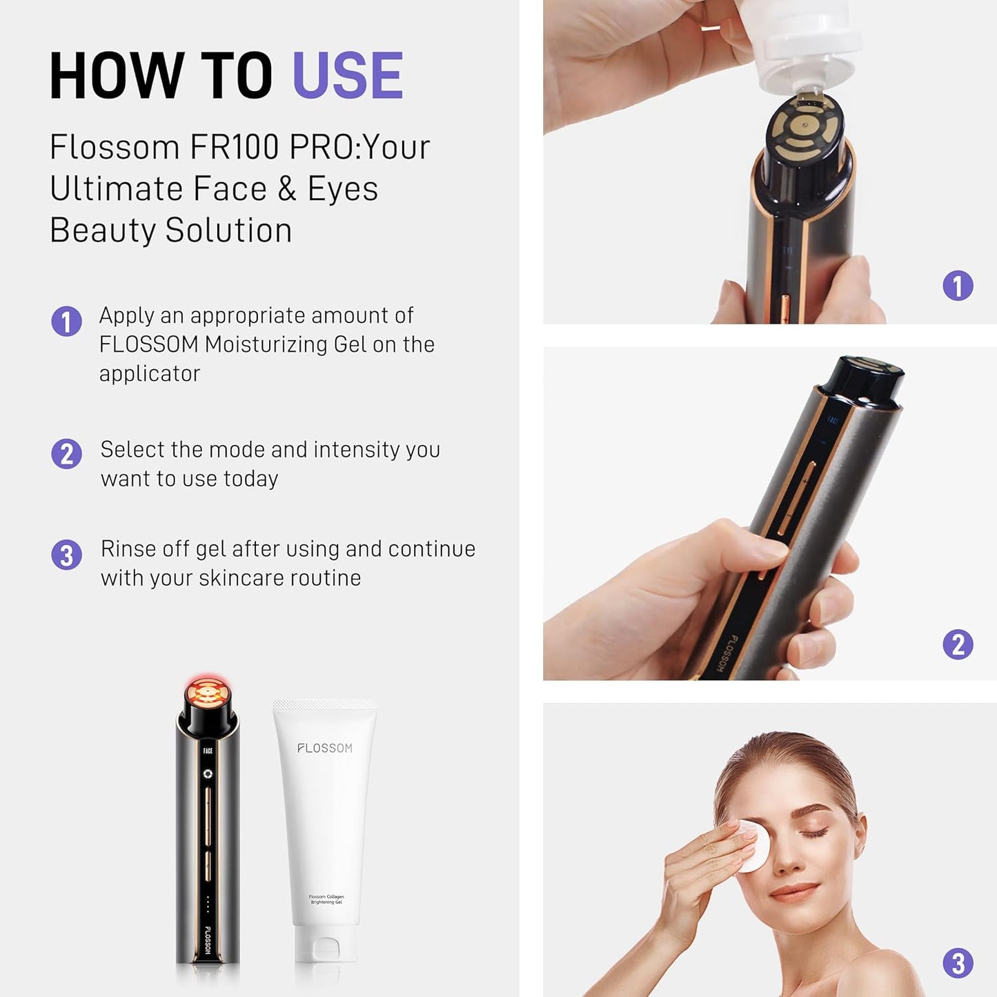 FLOSSOM Facial Toning Device, 3-in-1 Beauty Massager, 5 Intensity Levels Adjustable, Face + Eye 2 Modes for Skin Firming, Smoothing and Absorption Boosting