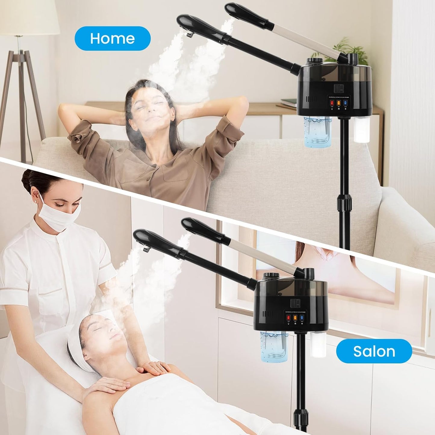 Professional Facial Steamer, 2 in 1 Hot&Cold Mist Facial Steamer, Facial Humidifier on Wheels, Esthetician Steamer for Facial Deep Cleaning and Moisturize, Suitable for Spa, Salon and at Home Use