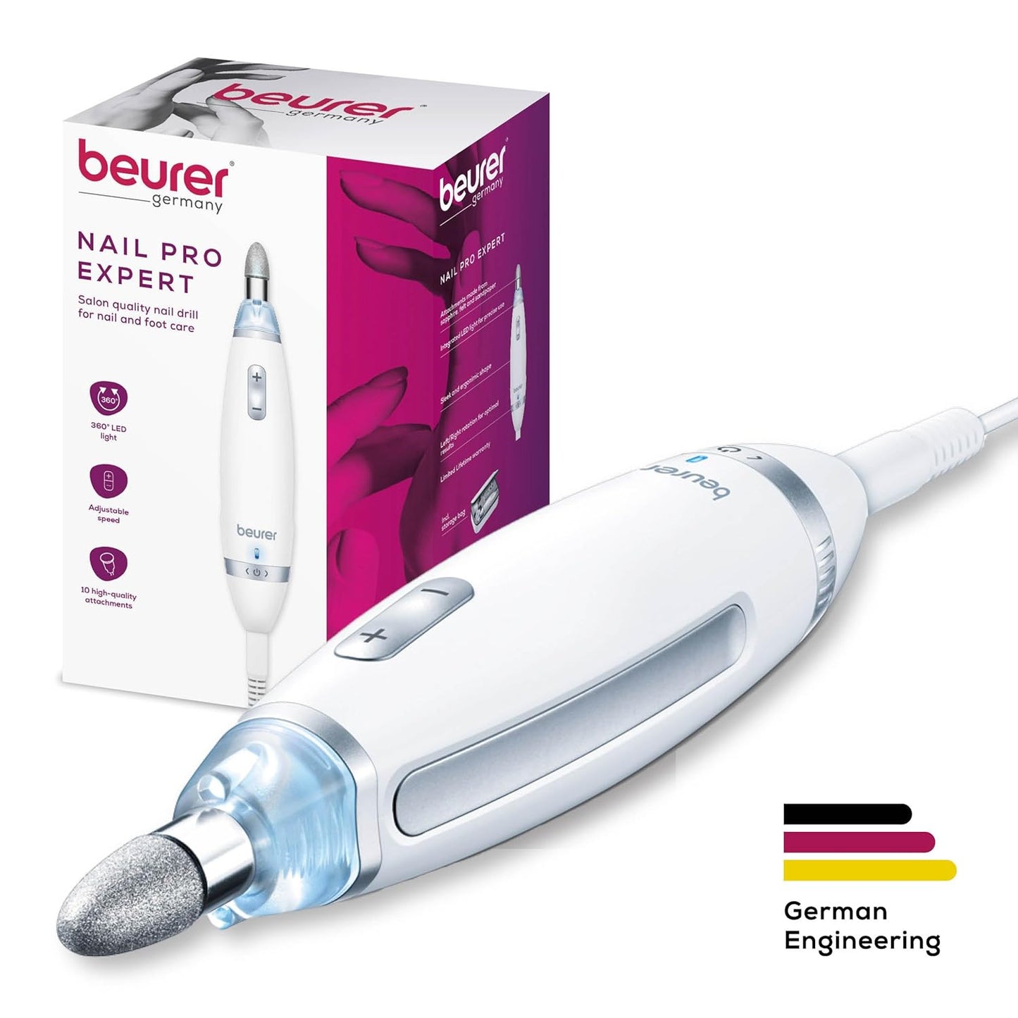 Beurer MP62 Professional Nail Drill Kit, Portable Electric File Machine with 10 Attachments & 10 Sanding Bands, Efile Dremel for Acrylic Gel Manicure and Pedicure, LED Light, with Storage Case