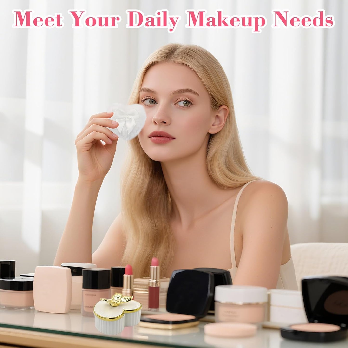 Large Body Powder Puff and Container, Ceramics Dusting Powder Container with 2 PCS Washable Heart Shaped Body Puff, Butterfly Dusting Case for Wet and Dry Makeup (White)