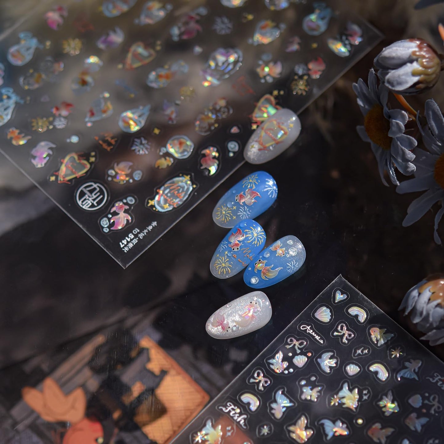 Goldfish Nail Art Stickers Sparkly Koi Fish Nail Stickers 5D Embossed Koi Lotus Leaf Chinese Style Manicure Decals Accessories Shell Adhesive Slider for Women Girls DIY Nail Art Decorations