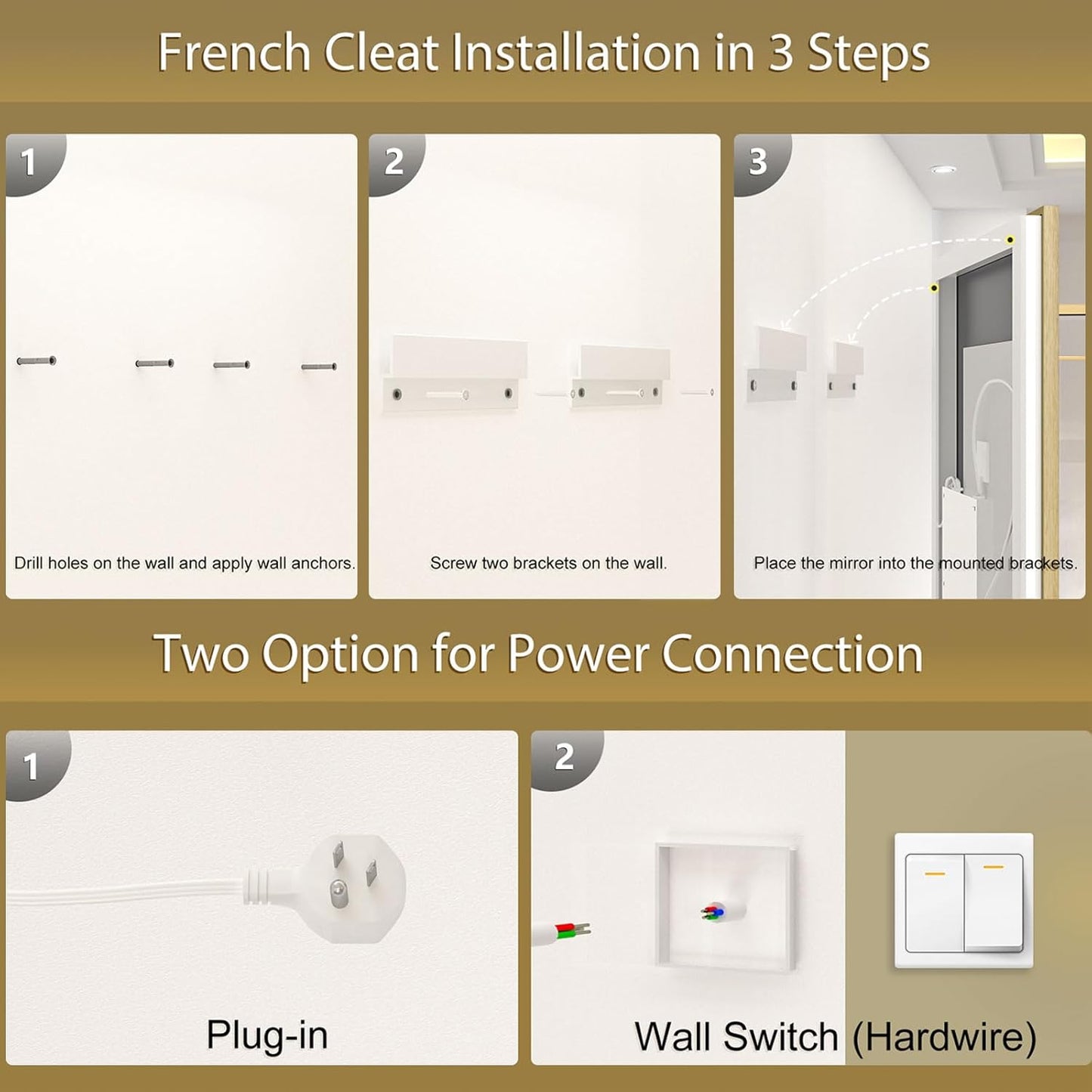 OKPAL 44x36 Gold Lighted Bathroom Mirror with Lights, Frontlit & Backlit LED Bathroom Mirror, Lighted Vanity Mirror, Anti-Fog, Dimmable 3 Colors, Shatterproof, Horizontal/Vertical