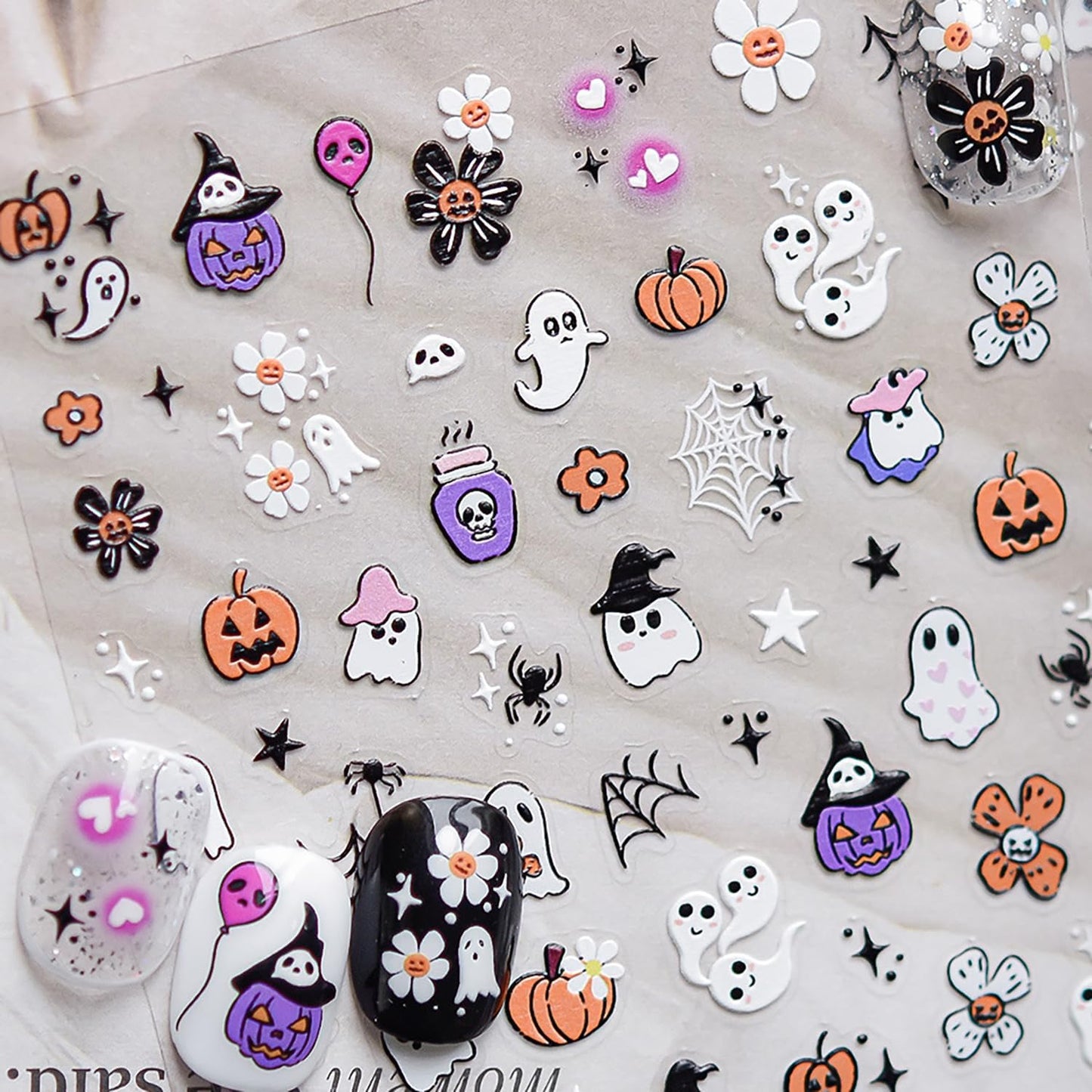 Halloween Ghost Nail Stickers 5D Embossed Halloween Nail Decals for Nail Art Designs Self Adhesive Cute Pumpkin Spider Nail Art Stickers Flower Nails Supplies for Women Nail Manicure
