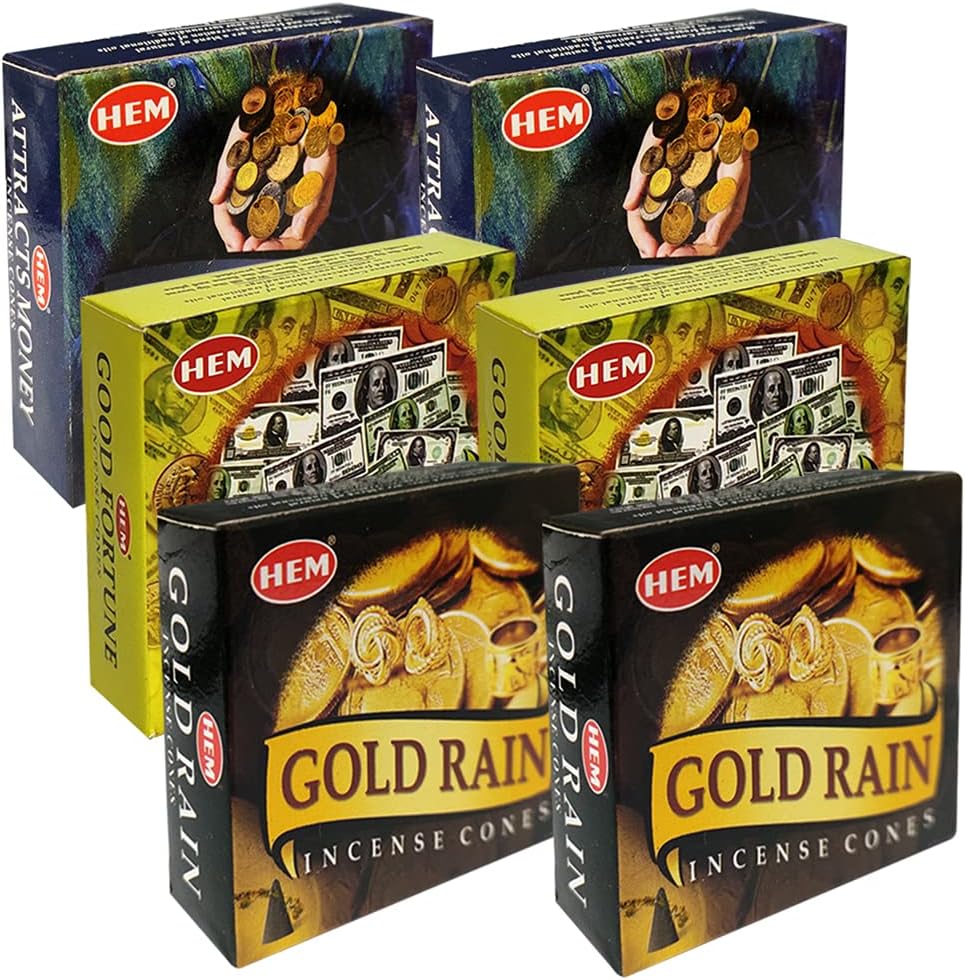 Attracts Money Good Fortune Gold Rain Incense Cones & Holder Bundle Variety Pack From Hem Trumiri Insense Insence