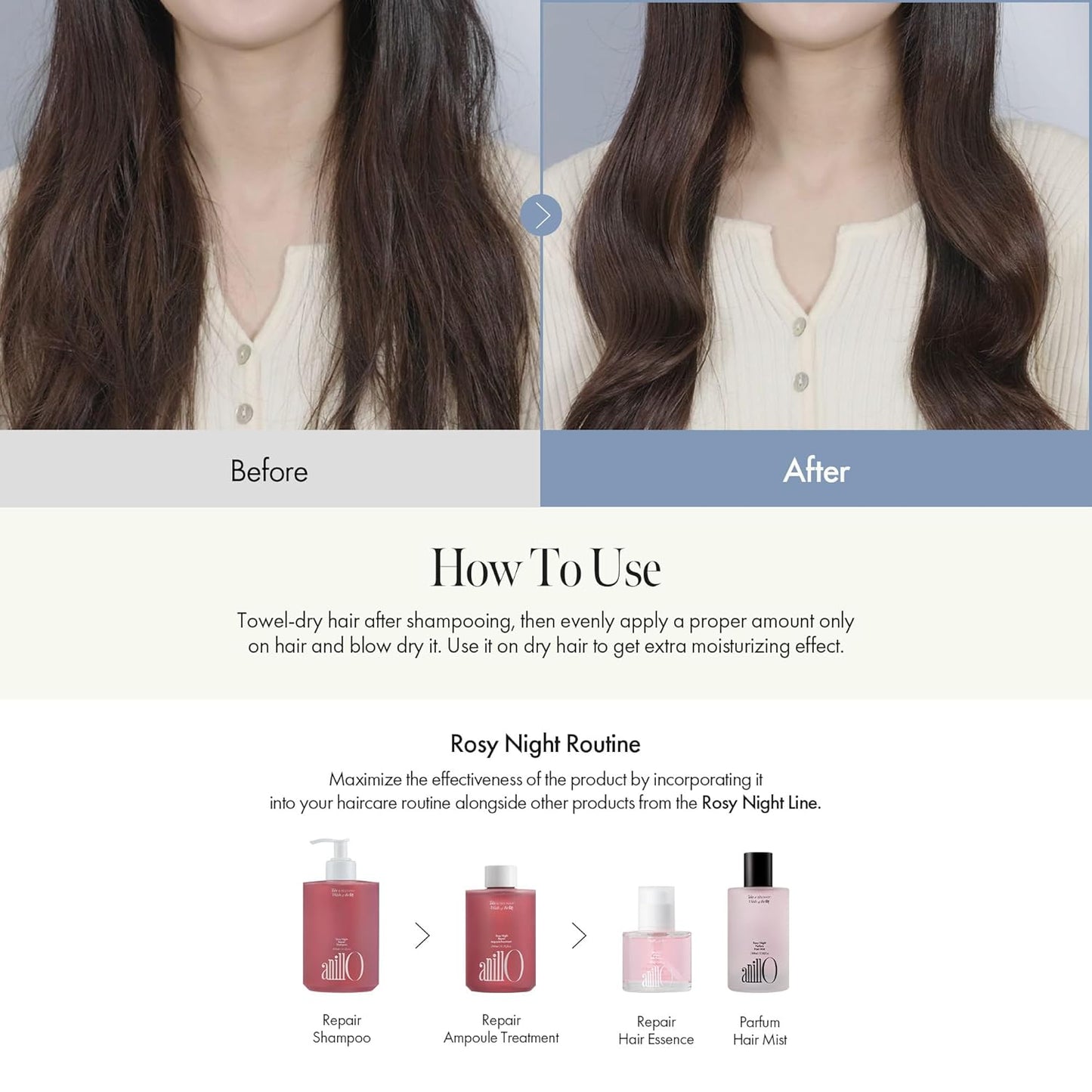 Rosy Night Repair Hair Essence with Damask Rose Extract, Rosehip Oil, Peptide Complex for Dry, Damaged, Frizzy Hair - Musky Floral Scent, Vegan, Paraben-Free 50ml / 1.69 fl. Oz