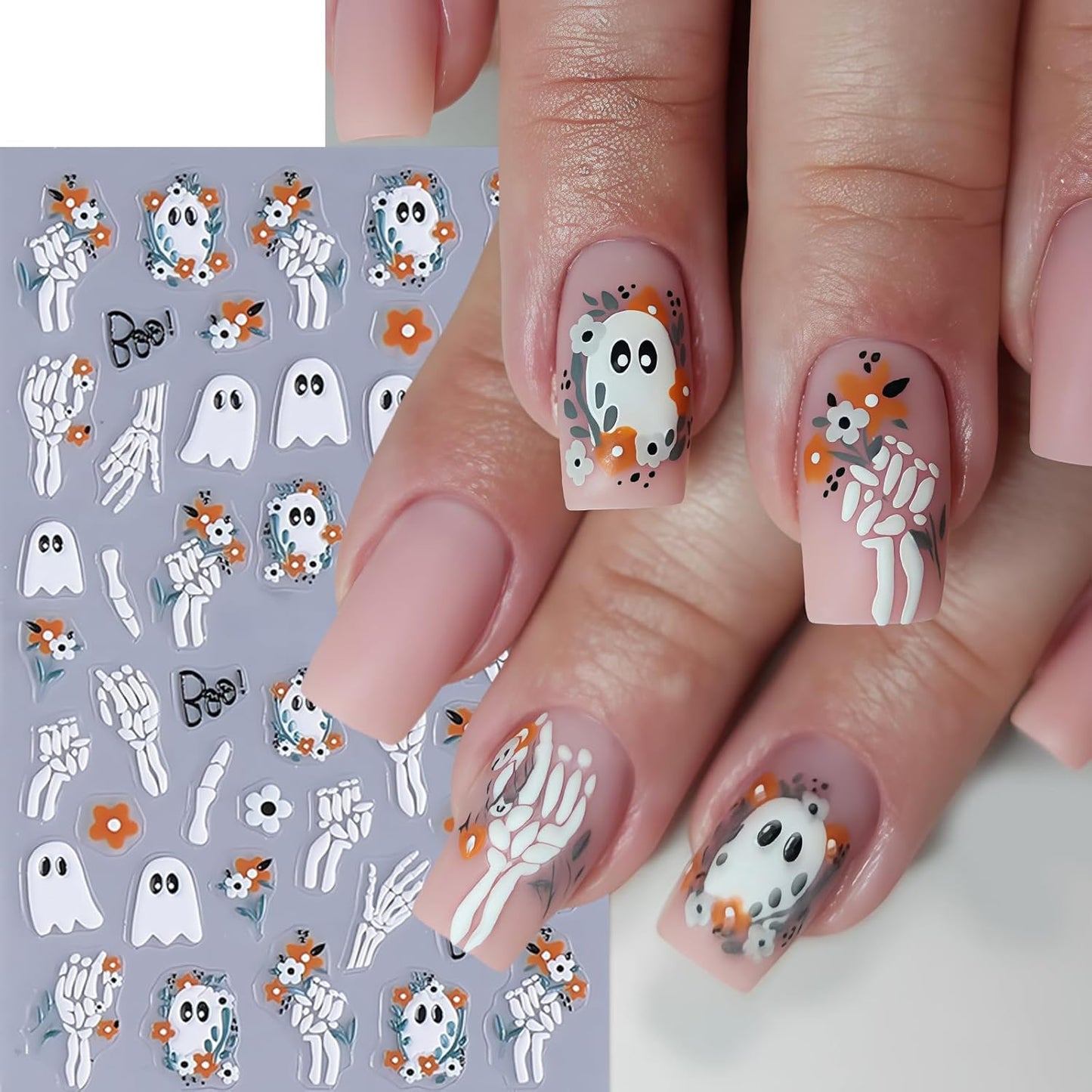 4Pcs Halloween 5D Embossed Nail Stickers Cute Ghost Nail Decals Self-Adhesive Pumpkin Spider Web Flower Ghost Nail Design Cats Skeleton Hand Nails Decorations Halloween DIY Manicure Supplies for Women