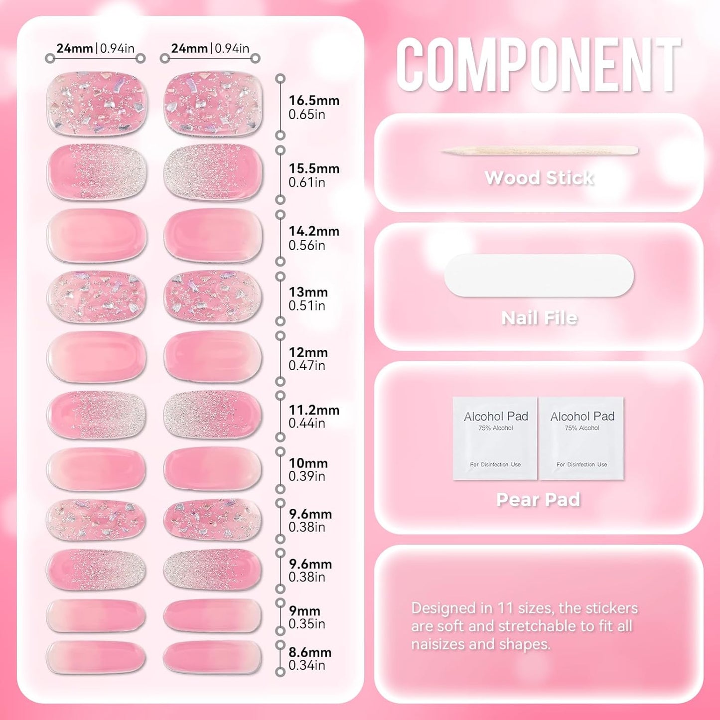 Gloss Nail Strips|Uv Free|22 Pcs,Gel Nail Stickers|Long Lasting Two Weeks and Easy to Apply&Remove|Pink Sequins 1