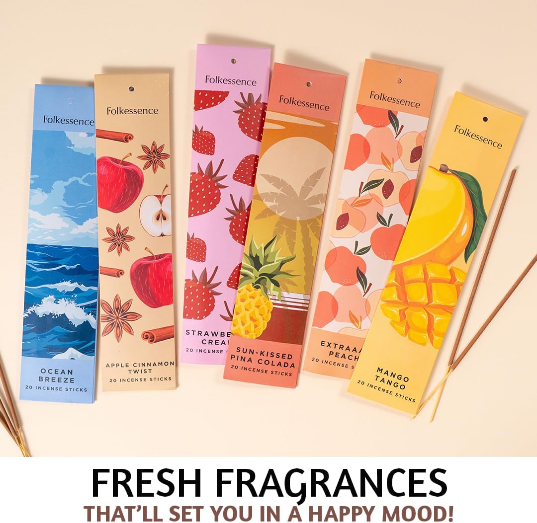 Folkulture Incense Sticks with Holder | Set of 6 (120) Organic Fall Insence-Sticks with 45 Mins Burn Time | Strawberry, Mango, Ocean Breeze, Pineapple Incenses or Fall Scents | Non Toxic Inscents