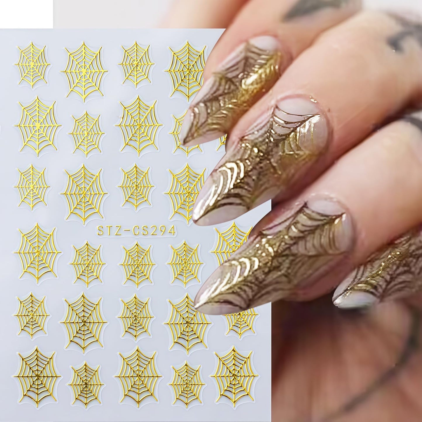 8 Sheets Halloween Nail Art Stickers 3D Self-Adhesive Shiny Gold White Silver Spider Web and Spider with Glitter Nail Art Design Sticker Festival Spiders Nail Stickers for DIY Manicure Decoration