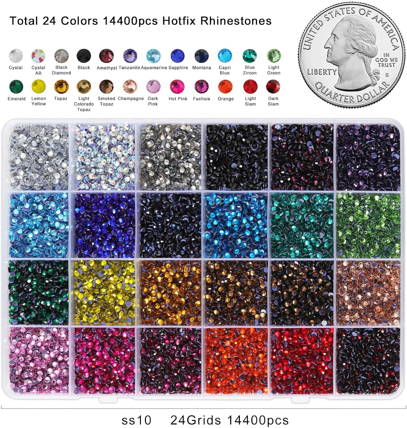 Hotfix Rhinestones Mixed 24 Colors, SS10 Rhinestones for Crafts Clothes, Hotfix Crystals with 1 Tweezers, 1 Wax Pencil and 1 Spoon