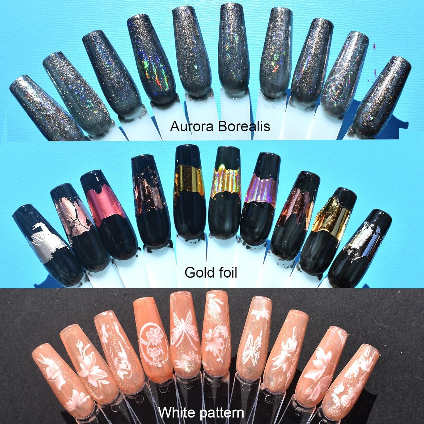 30 Rolls Nail Art Transfer Foils Set,10 Rolls Holographic Laser Aurora Nail Foil and 10Roll Metallic Color Nails Decals and 10Roll White Flowers Nails Foil Transfer Stickers 39.37x1.57 inches (30)