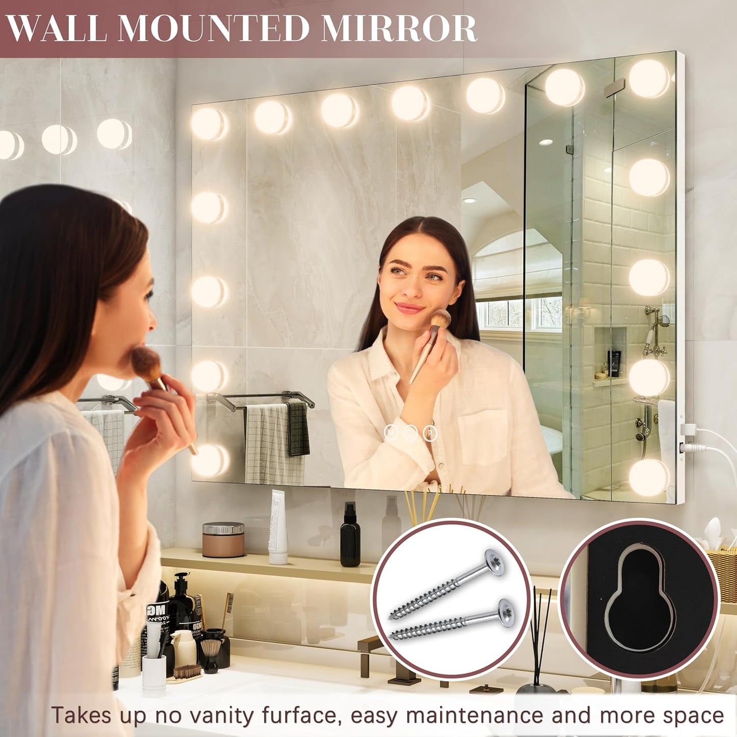 32"x24" Hollywood Vanity Mirror with Lights, 18 Dimmable LED Bulbs, 3 Color Modes, 10X Magnification, USB Charging Port, Tabletop or Wall-Mounted