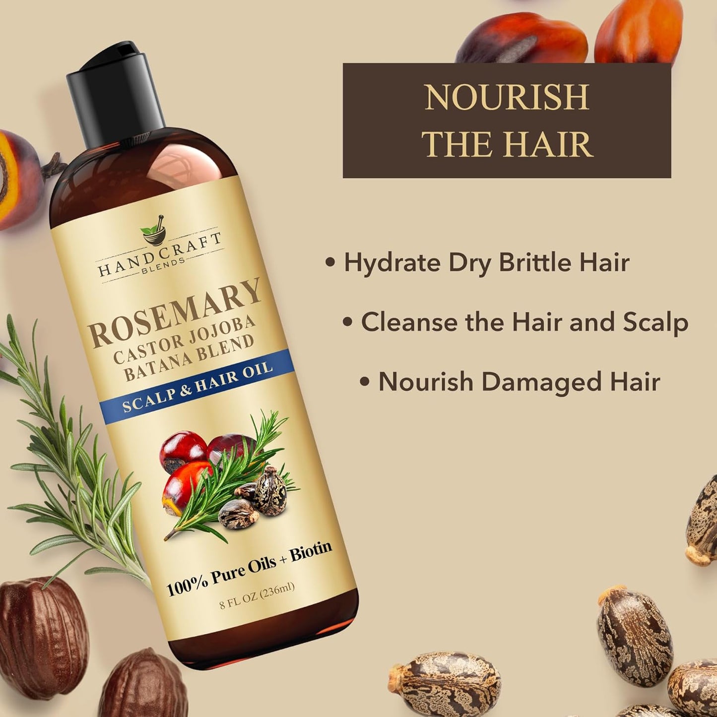 Handcraft Blends Rosemary Oil for Hair Growth with Scalp Massager – 8 Fl Oz – Nourishing Hair Oil – Made with 100% Pure and Natural Rosemary, Castor, Jojoba, and Batana Oils & Biotin