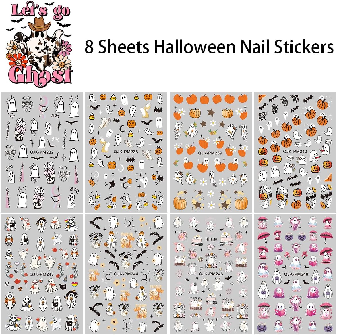 Halloween Nail Art Stickers - 3D Pumpkin, Spooky Ghost, Spider Web, Bats Decals - Self Adhesive Nail Design Stickers for Women DIY - 8 Sheets Decoration