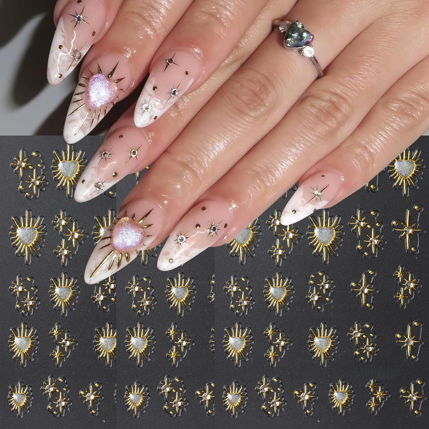 3 Sheets Star Nail Stickers for Nail Art 5D Embossed Gold Nail Decals with Heart Rhinestones Star Design Manicure Supplies Aurora Heart Metallic Star Nail Art Stickers for Women DIY Decor Accessories