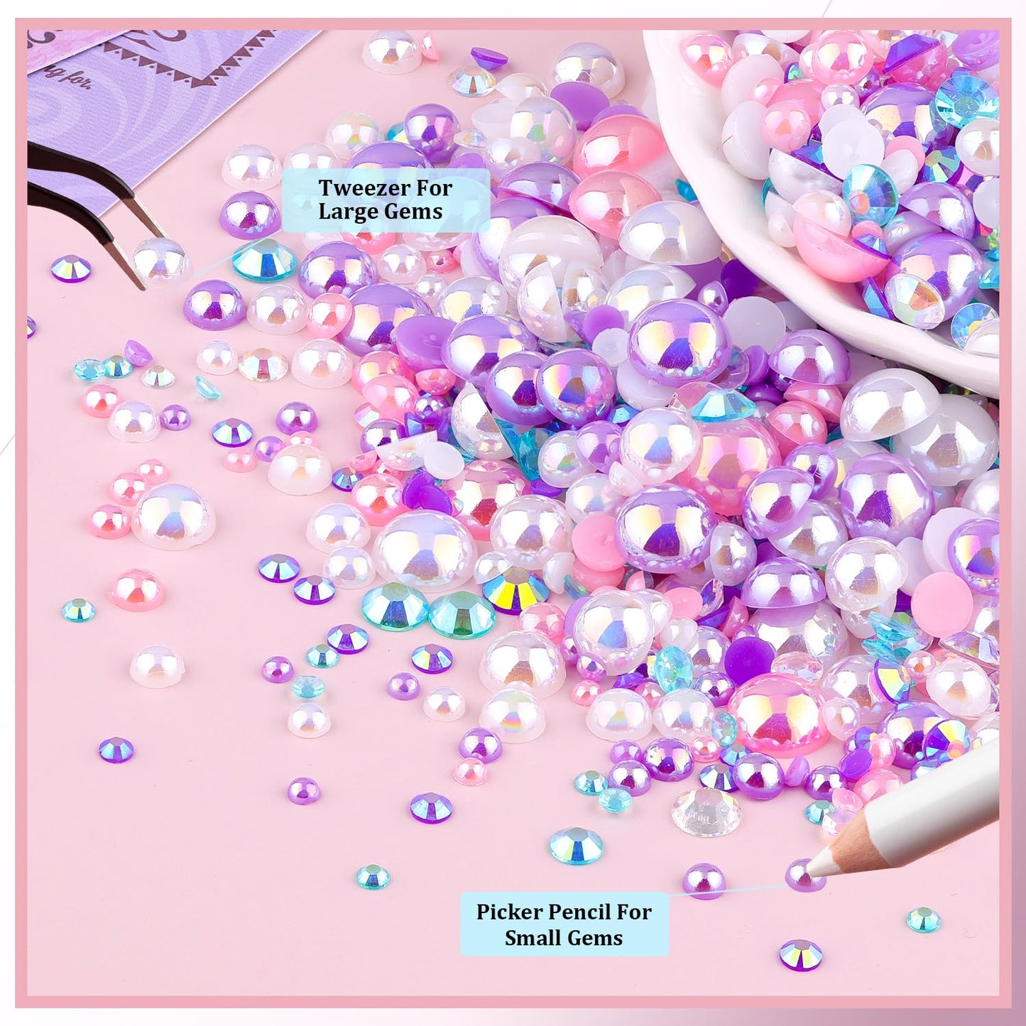 9000Pcs Flatback Pearls and Rhinestones for Crafting, Pink Purple White Mixed Size 3-8mm Resin Rhinestones and Half Pearls for Bedazzling, Nail Art and Decoration with 3pcs B7000 Jewelry Glue