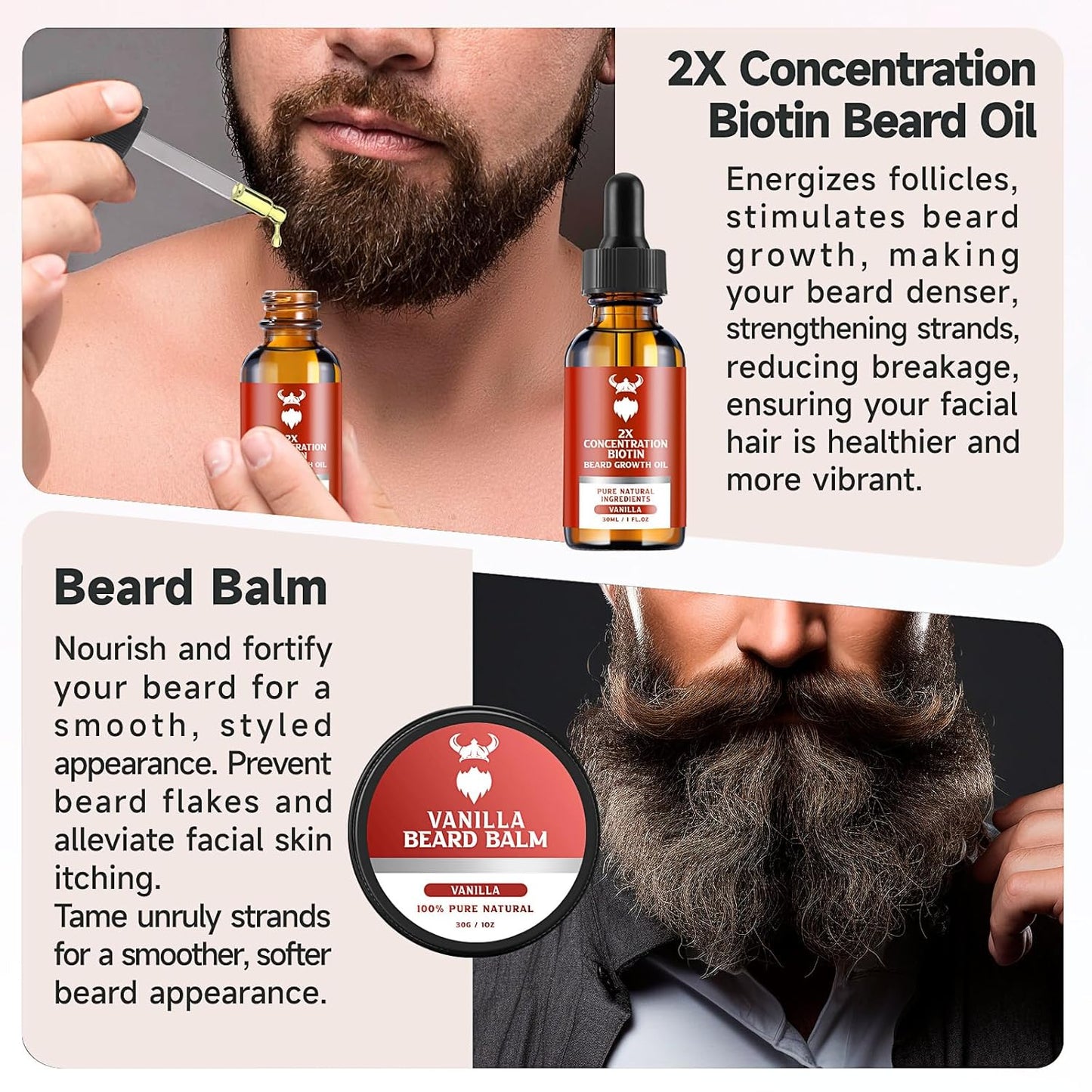 Beard Growth Kit - 2X Concentration Biotin for Men, Natural Ingredients with Argan Oil, Jojoba Oil and Vitamin (Vanilla)