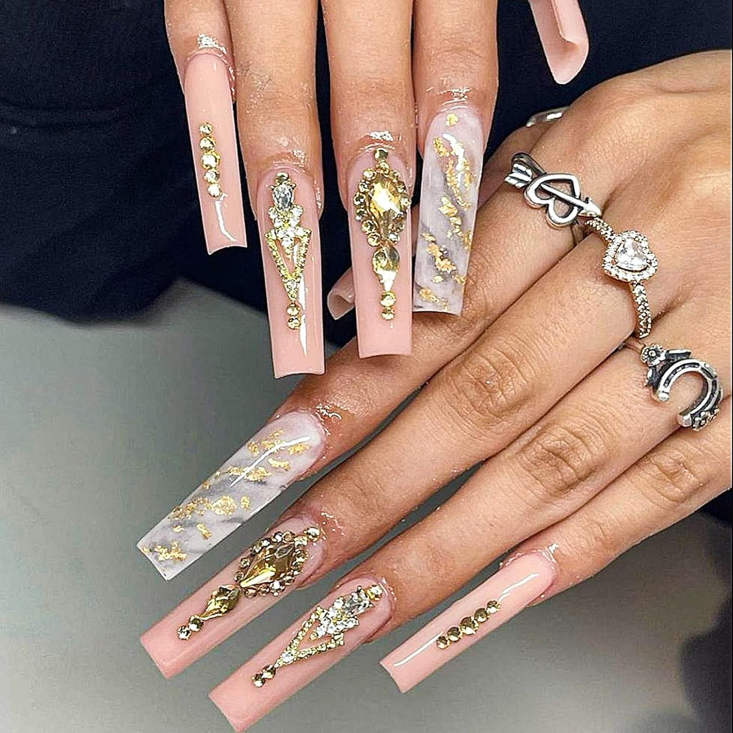 Canvalite 2900Pcs Champagne Rhinestones for Nails, 18 Styles Multi Shape Nail Charms and Gems Shiny Glass Crystal Flatback Nail Rhinestones Set for Nail Art with Rhinestone Picker and Tweezers