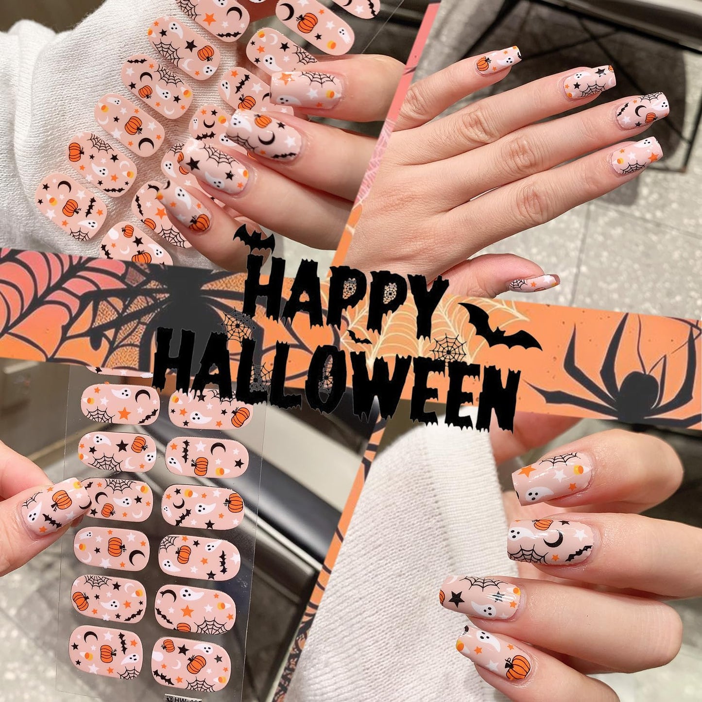 6 Sheets Spooky Halloween Gel Nail Stickers Bat Nail Wraps for Short Nails Self-Adhesive Ghost Full Wrap Nails Polish Strips Pumpkin Nails Polish Stickers Skull Gel Nail Strips for Women Nails Designs