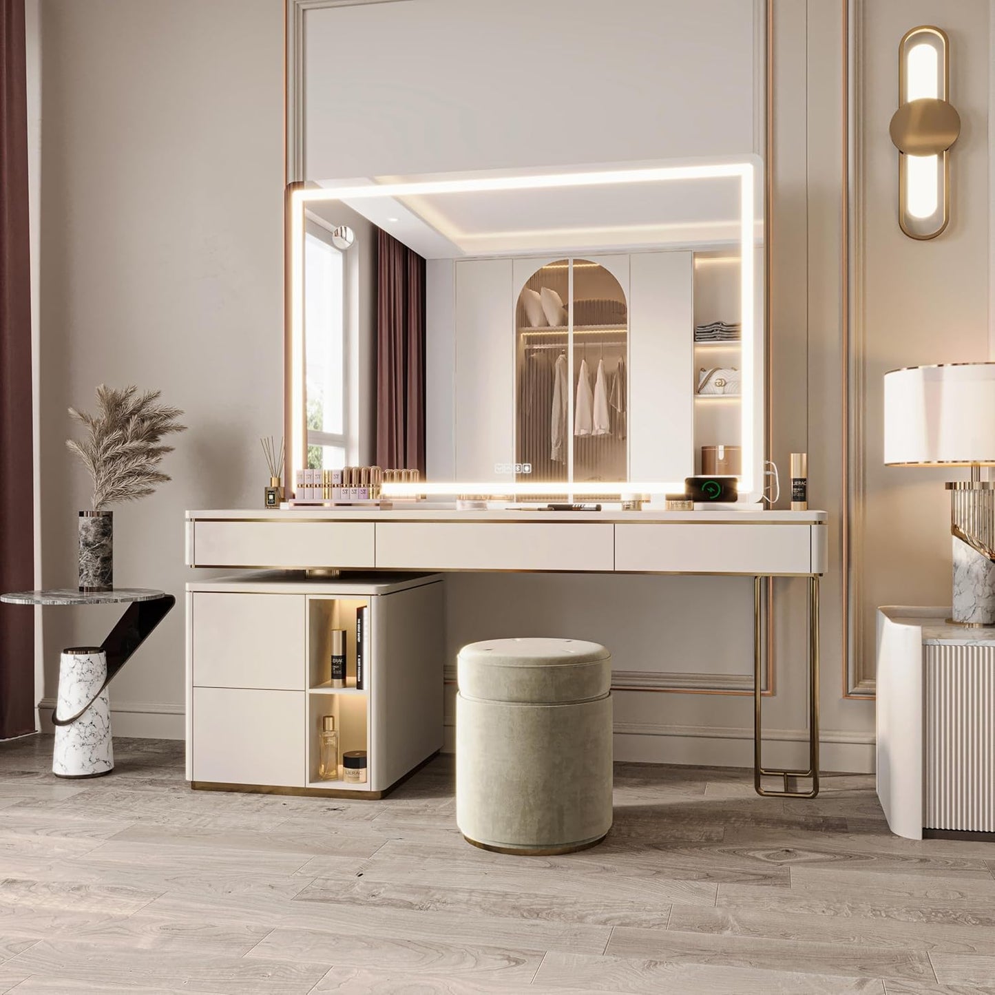 Hasipu Vanity Mirror with Lights and Bluetooth Speaker, 55.1" x 35.8" LED Makeup Mirror, Lighted Makeup Mirror with Dimmable 3 Modes, Touch Screen Control Vanity Mirror Round White