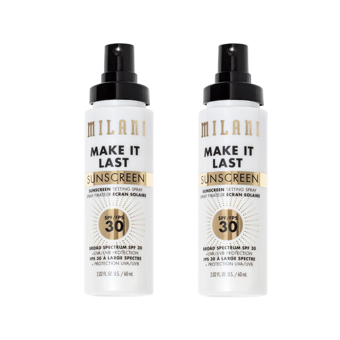 Milani Sunscreen Setting Spray + Primer, Make It Last Sunscreen for Face- SPF 30 UVA & UVB Protection Antioxidant Rich Formula for Broad Spectrum Protection, Prime + Set + Protect, 2.02Fl. Oz - 2 Pack