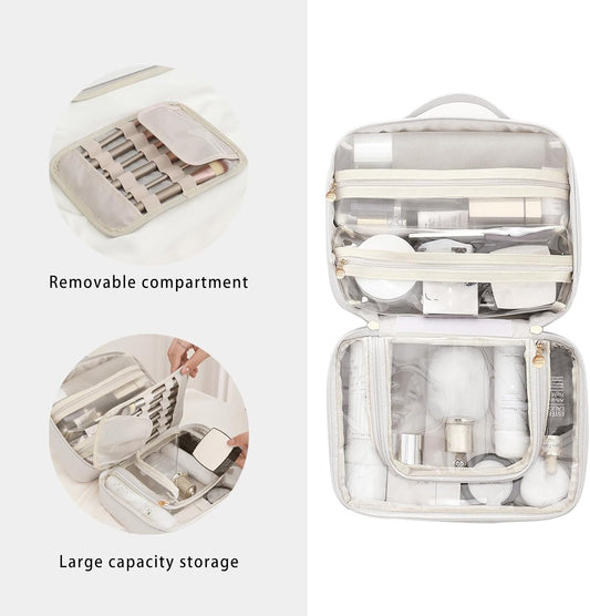 RIGHT AWAY Travel Toiletry Bag for Women,Large Makeup Bag& Cases,Waterproof Cosmetic Organizer Bag with Compartments,Portable Make Up Bag for Travel Size Toiletries,Skincare,Brushes Set,White