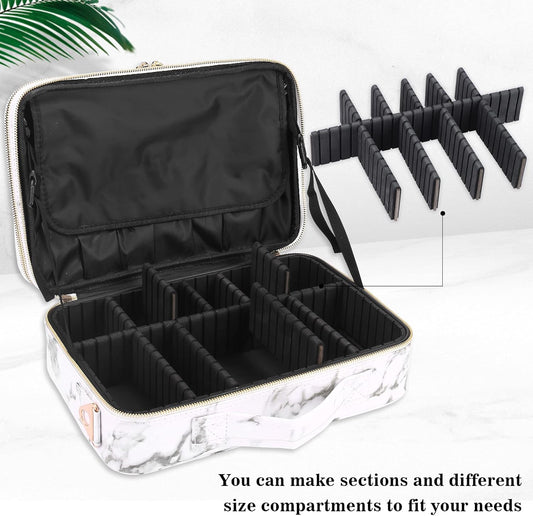 JOURMON Travel Makeup Case 3 Layers Makeup Train Case Marble Makeup Bag Organizer Portable Artist Storage Bag with Adjustable Dividers and Shoulder Strap (Marble white)