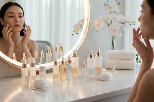 Professional skincare layering setup with serums and moisturizers