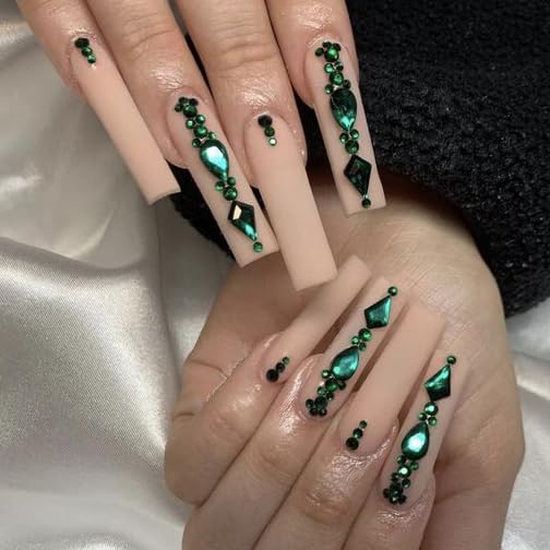 HNUIX Nail Rhinestones - 3D Multi Shape Size, Emerald Green Nail Gems, Flat Back, with Kit, for Nail Art, DIY Decorations