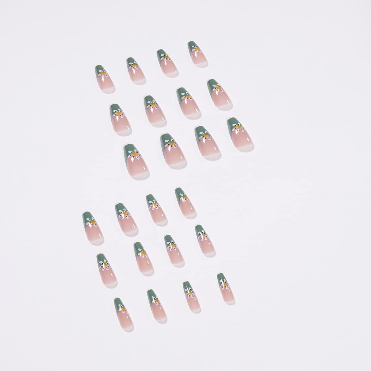 French Short Press On Nails coffin, Nude Fake Nails with Green French Tip and Graceful White Floral Petal Design, Glossy Gel Finish Acrylic Nails, Natural Reusable Glue On Nails Kit for Women, 24 Pcs