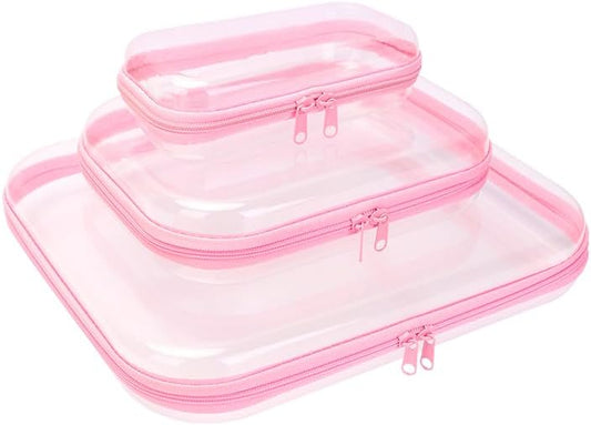 3PCS Clear Zipper Cases, Portable Clear Organizer Pouches for Travel, Double Zippered Hard Shell Plastic Case, Cosmetic Bag for Make Up Tools, Toiletries, Toy Storage (Pink, 1 Pack)